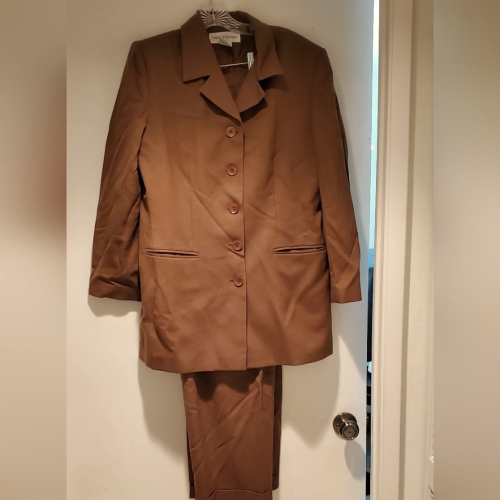 Women Wool Brown Pant Suit Rowan Full Length Jacket Fully Lined Cuffed Slacks